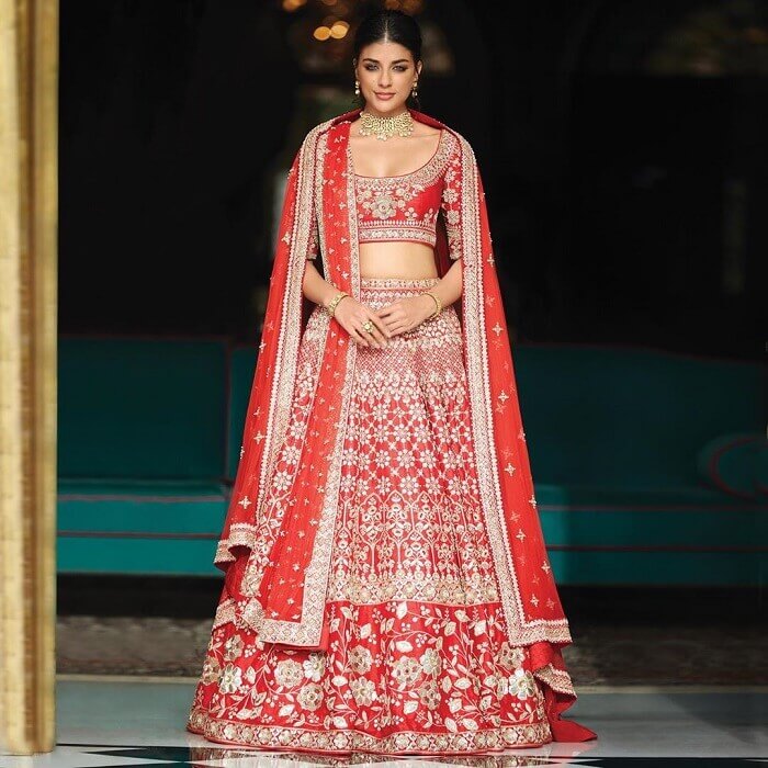 Candy Red Lehenga With Symmetrical Designs