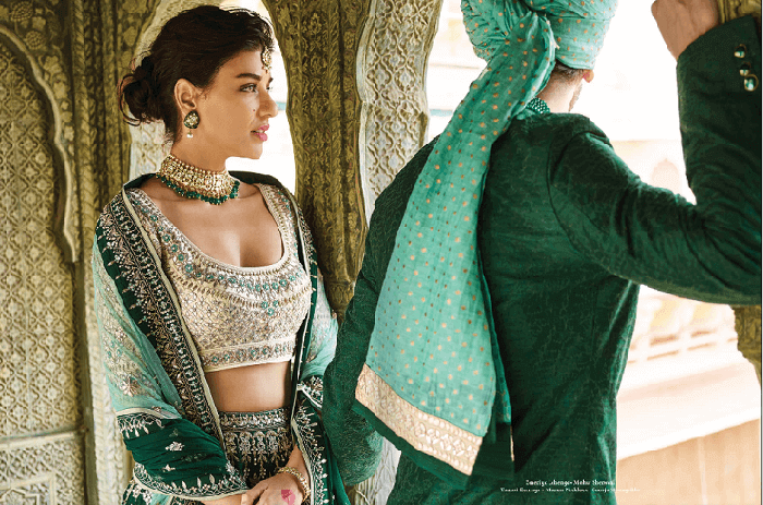 Emerald Green Lehenga With Off White Blouse And Pastel Teal Dupatta
