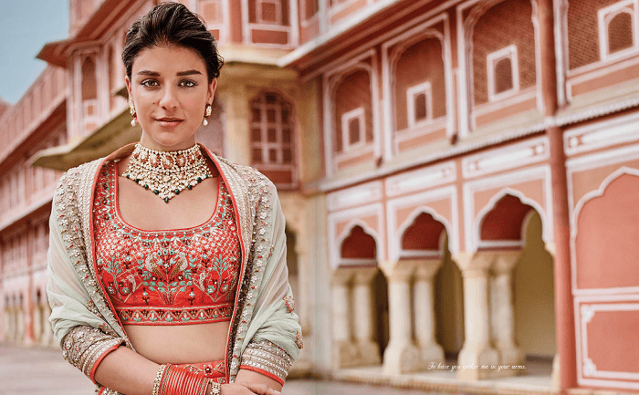 Scarlet Lehenga With Light Pastel Green Dupatta And Teal Embroidery