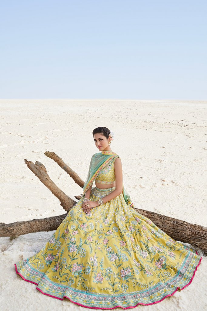 Sunny Yellow Lehenga With Pastel Teal Dupattav