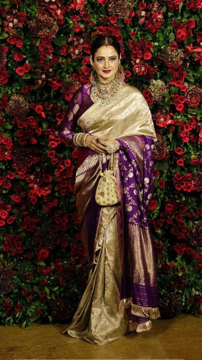Rekha The Timeless Beauty In Golden Color Sari Verbena Shaadidukaan