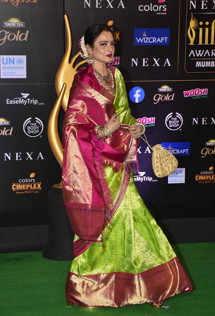 Rekha The Timeless Beauty in Green & Pink sari Verbena Shaadidukaan