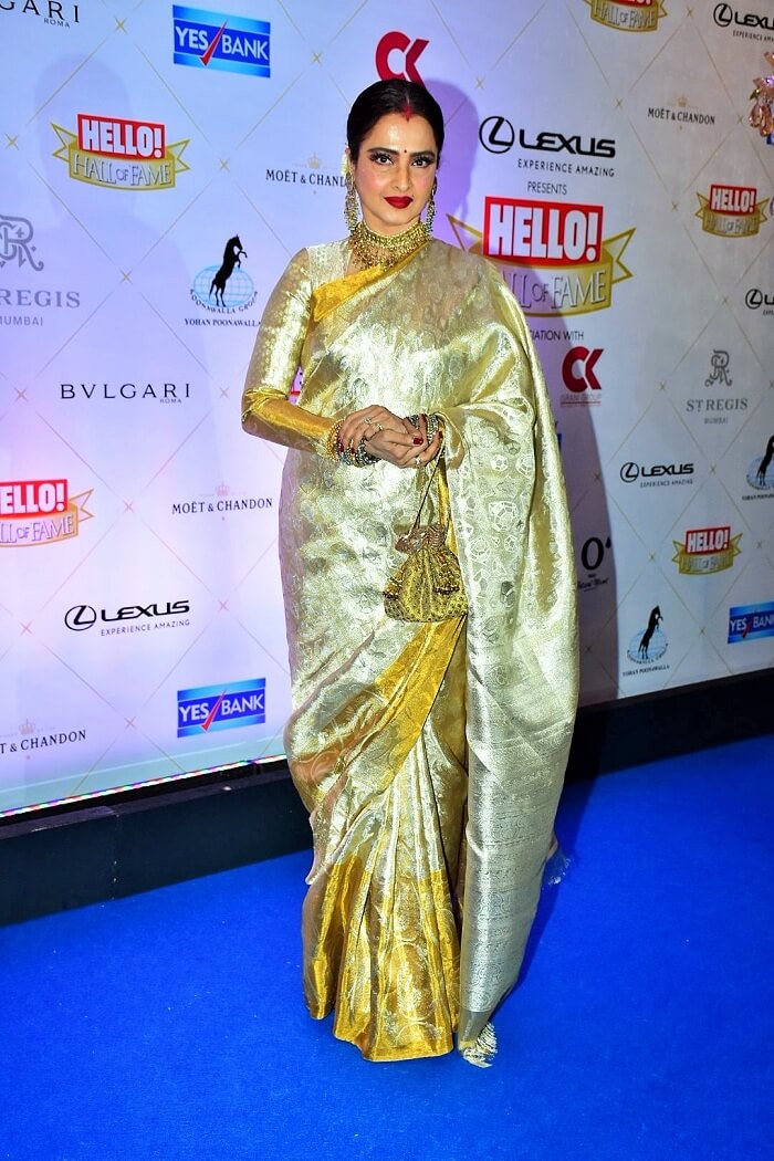 Rekha The Timeless Beauty in white sari Verbena Shaadidukaan