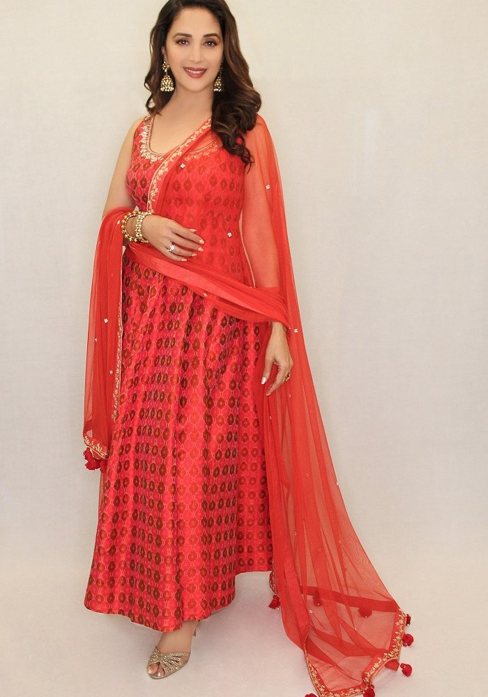 Madhuri Dixit Red Anarkali Suit Anita Dongre Collection Aza Verbena